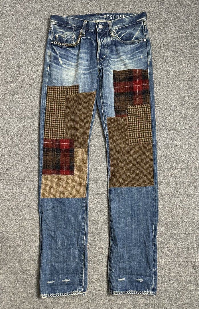 Hysteric Glamour - Studded Wool Patchwork Selvedge Denim Jeans. (Category: Jeans) located in Manila. Submitted by scissor.2fifthy (Listing ID 1463278935, Image 1). Description: Hysteric Glamour - Studded Wool Patchwork Selvedge Denim Jeans. Tagged size: 28 fit 29 (see measurement) Made Japan Material: 100% Cotton 85/100 condition rate Used Flaw: Minor sign of usage and small loose stitch on patch Very presentable Check all photos for more details