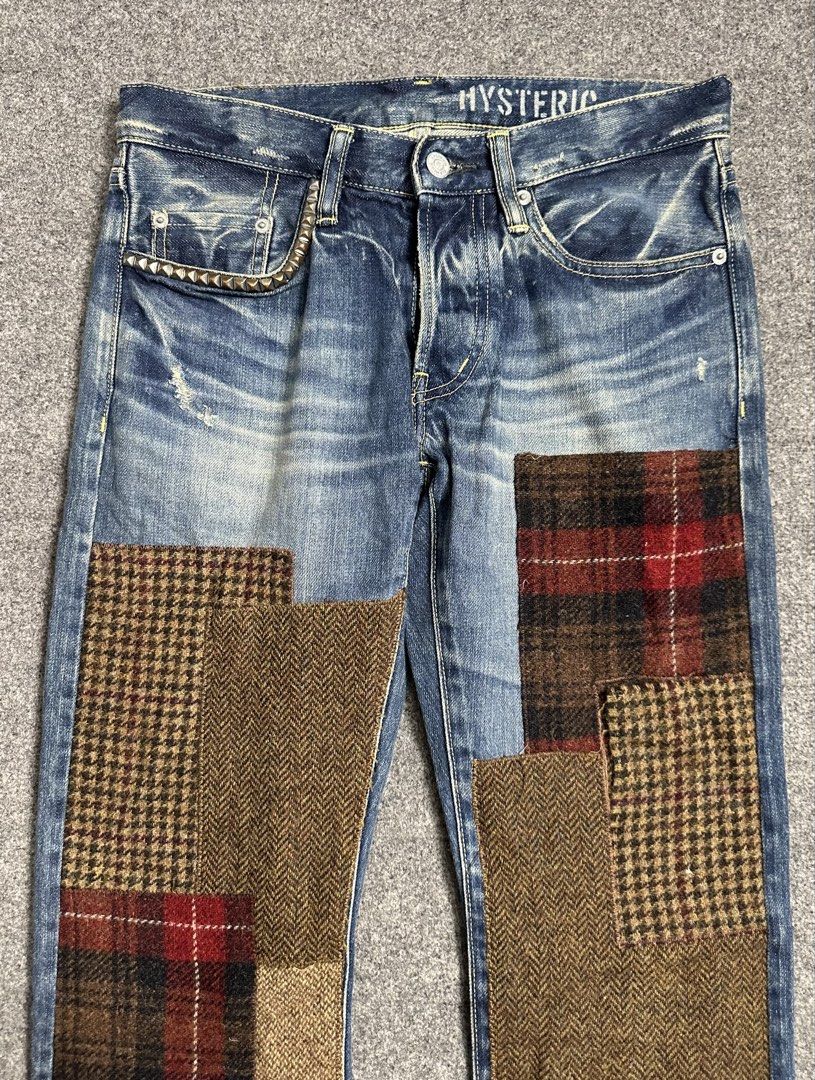 Hysteric Glamour - Studded Wool Patchwork Selvedge Denim Jeans. (Category: Jeans) located in Manila. Submitted by scissor.2fifthy (Listing ID 1463278935, Image 2). Description: Hysteric Glamour - Studded Wool Patchwork Selvedge Denim Jeans. Tagged size: 28 fit 29 (see measurement) Made Japan Material: 100% Cotton 85/100 condition rate Used Flaw: Minor sign of usage and small loose stitch on patch Very presentable Check all photos for more details