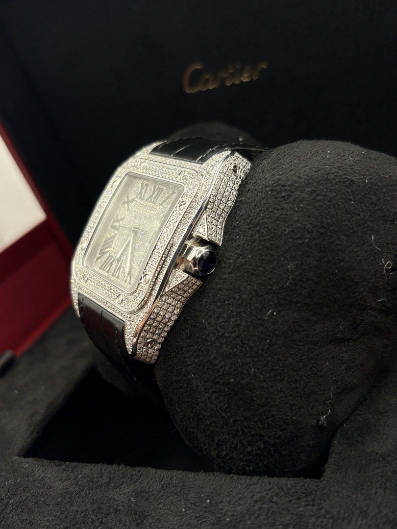 Iced Cartier Santos 100 (Category: Men's Watches) located in Pasig City. Submitted by nicoestradaa (Listing ID 1463194956, Image 3). Description: Cartier Santos 100 Brand new HK Natural diamonds AM Case With Gem certificate, Cartier card, box and authentication papers from Panotes Watches 290k.