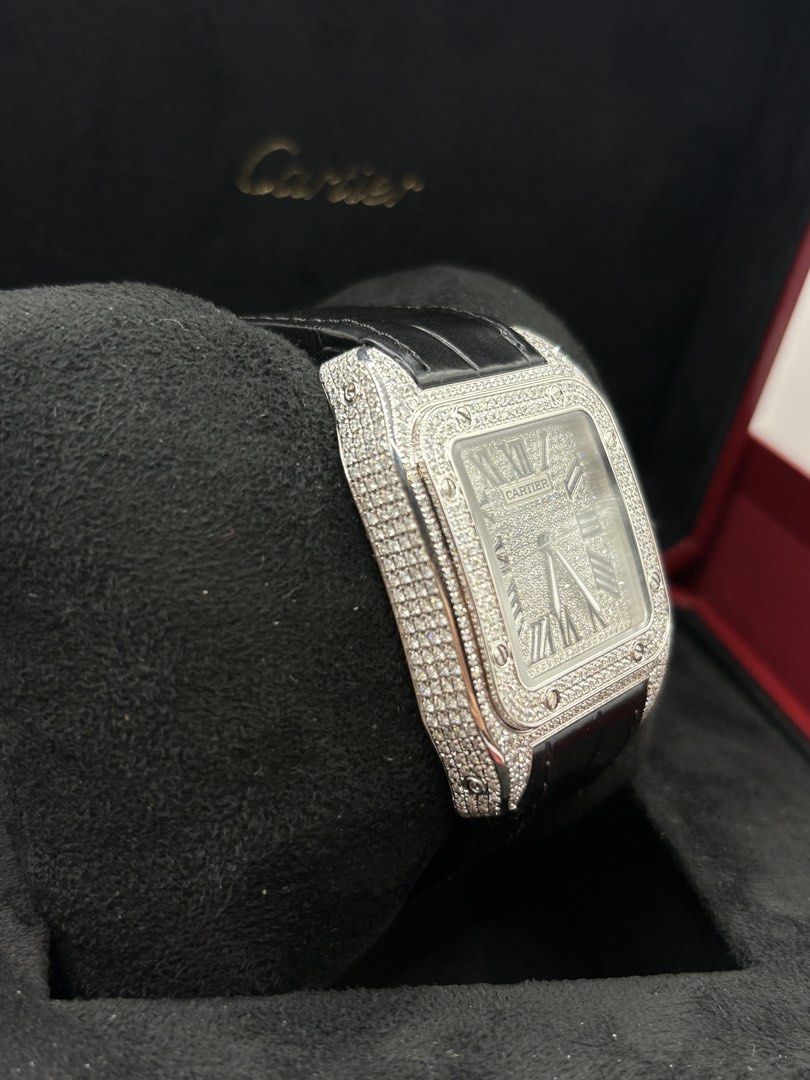 Iced Cartier Santos 100 (Category: Men's Watches) located in Pasig City. Submitted by nicoestradaa (Listing ID 1463194956, Image 2). Description: Cartier Santos 100 Brand new HK Natural diamonds AM Case With Gem certificate, Cartier card, box and authentication papers from Panotes Watches 290k.