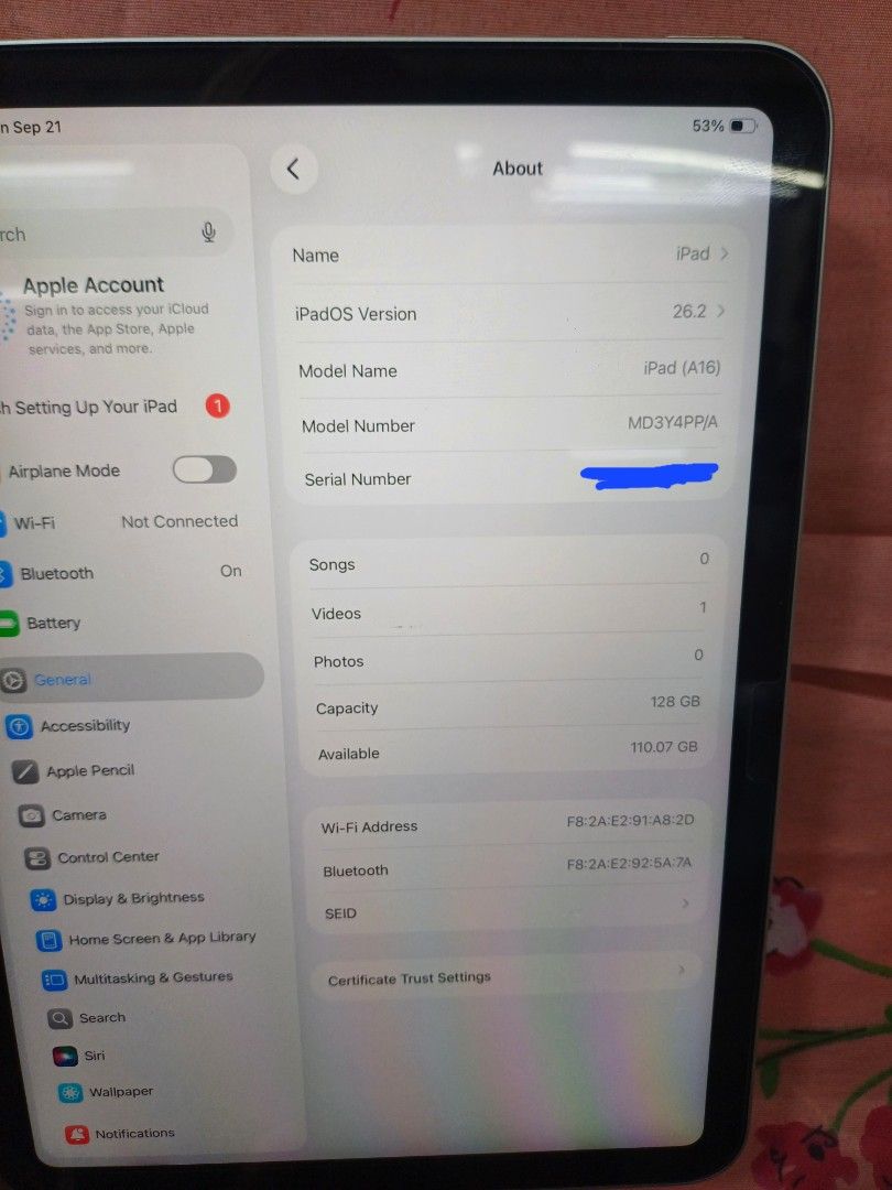 IPAD A16 128GB WIFI RUSH (Category: iPad) located in San Juan City. Submitted by alinor_taute (Listing ID 1463187818, Image 2). Description: 📱 FOR SALE — IPAD A16 128GB Warranty April 21--2027 ✅IOS: 26.2 ✅ Wifi ✅PPA Variant ✅ Silver color ✅ Battery 97% ✅ No Hidden Issue ✅ Unli Test to Sawa 💰 Selling Price: 30,000 🔄 Open for swap sa lower unit + cash depending on unit condition. 📍 We have physical store at Greenhills Mall 2nd Floor Phone Area 
