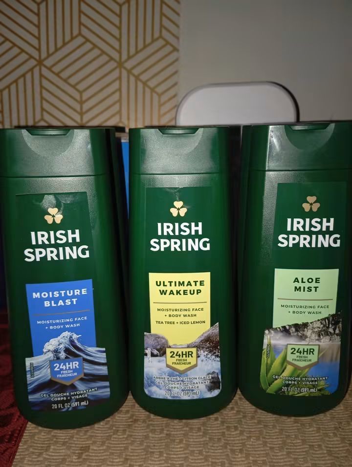 Irish Spring Body Wash - 3 Scents (Category: Bath) located in Quezon City. Submitted by mkesimsa_six67 (Listing ID 1463279291, Image 1). Description: - Set of 3 Irish Spring Body Washes - Includes: Moisture Blast, Ultimate Wakeup (Tea Tree + Iced Lemon), Aloe Mist - Each bottle: 20 fl oz (591 mL) - Features: Moisturizing for face & body, 24-hour fresh scent - Ideal for daily use.