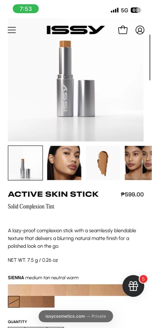 ISSY Active Skin Stick Solid Complexion Tint - Sienna (Category: Makeup) located in Dasmarinas. Submitted by decireejoya (Listing ID 1463241516, Image 1). Description: Shade: Sienna (medium tan neutral warm) Brand: Issy (bought at SM Dasma) 🛍️ RFS - wrong shade, swiped once lang! 🛵 Can ship via J&T or Lalamove 📍 Location - Dasma, Cavite.