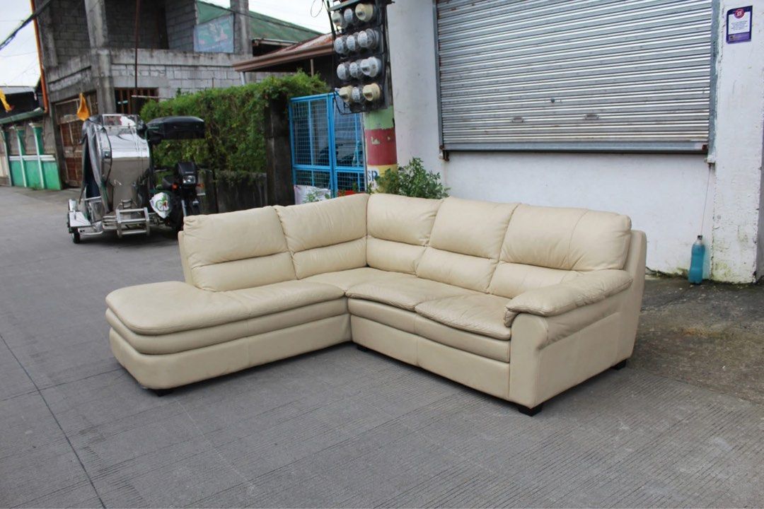 Japan L-Shaped Leather Sectional Sofa 🇯🇵 (Category: Sofas) located in San Fernando. Submitted by juls.japan.surplus (Listing ID 1463283460, Image 3). Description: L-Shaped Leather Sectional Sofa Elegant cream-colored L-shaped leather sectional sofa with a left-facing chaise, spacious seating and a modern design. Perfect for living rooms, condos or spacious lounge areas L:94 & 85 • W:34 • Seat H:16 • Back H:33 inches 19,900 pesos only.