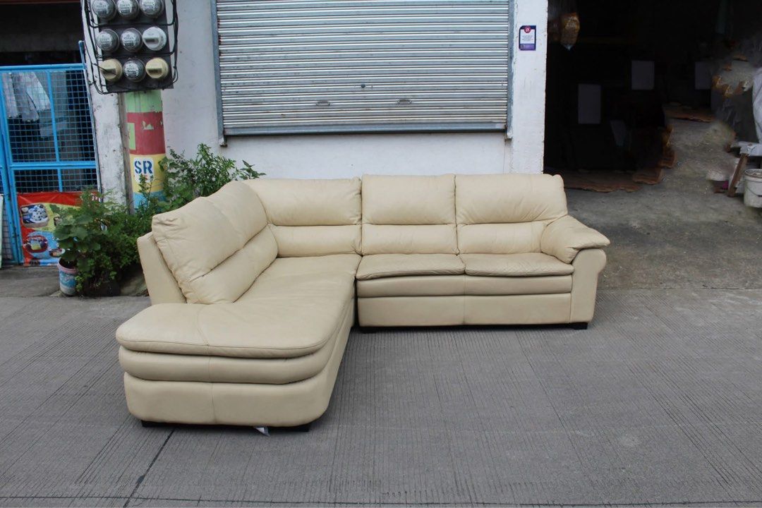 Japan L-Shaped Leather Sectional Sofa 🇯🇵 (Category: Sofas) located in San Fernando. Submitted by juls.japan.surplus (Listing ID 1463283460, Image 2). Description: L-Shaped Leather Sectional Sofa Elegant cream-colored L-shaped leather sectional sofa with a left-facing chaise, spacious seating and a modern design. Perfect for living rooms, condos or spacious lounge areas L:94 & 85 • W:34 • Seat H:16 • Back H:33 inches 19,900 pesos only.