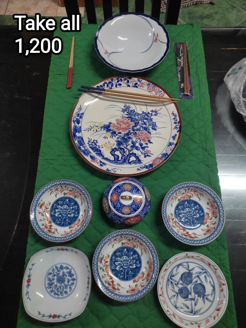 Japanese Style Ceramic Dinnerware Set - Take All 1,200 (Category: Dinnerware & Cutlery) located in Manila. Submitted by margeventa (Listing ID 1463230116, Image 1). Description: - Authentic Japanese-style ceramic dinnerware set. - Includes: 1 large 12.5" serving plate (brown lining, floral deco), 3 small bowls (6" x 1.8" deep, floral patterns), 1 decorative lidded bowl, 1 square dish. - Comes with chopsticks. - Ideal for serving meals or as a dec