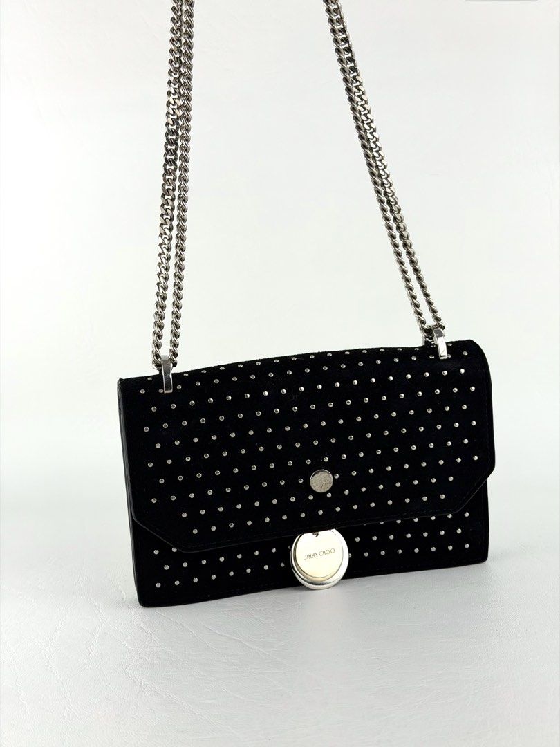 JIMMY CHOO Finley (Category: Luxury Bags & Wallets) located in Manila. Submitted by luvluxe.mnl (Listing ID 1463258670, Image 2). Description: Mini size— WOC style Perf for parties, events Super elegant & pretty!! Like new condition Can be crossbody or shoulder bag Srp on other resellers site is 2316 AED or 39k+ php.