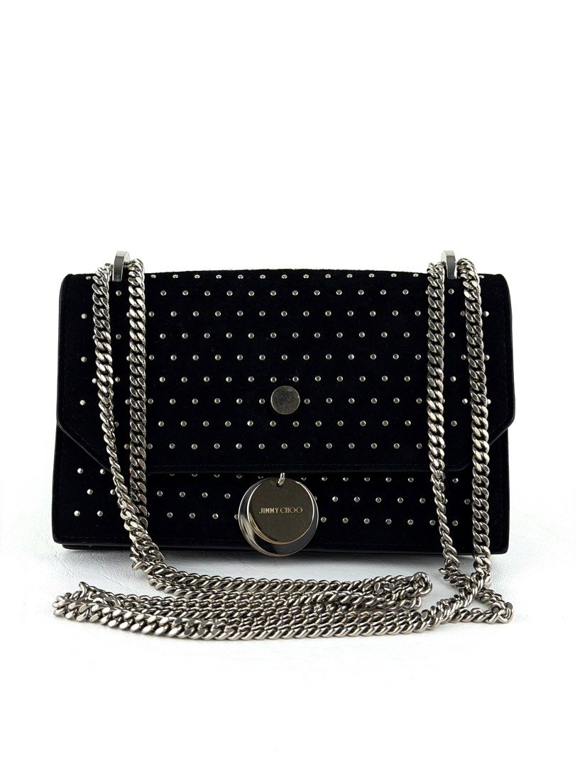JIMMY CHOO Finley (Category: Luxury Bags & Wallets) located in Manila. Submitted by luvluxe.mnl (Listing ID 1463258670, Image 1). Description: Mini size— WOC style Perf for parties, events Super elegant & pretty!! Like new condition Can be crossbody or shoulder bag Srp on other resellers site is 2316 AED or 39k+ php.