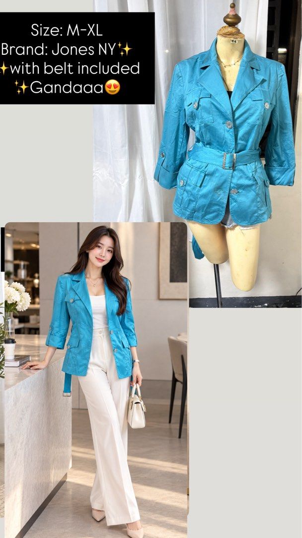 Jones NY Blue Belted Jacket M-XL (Category: Coats, Jackets and Outerwear) located in General Trias. Submitted by crissy9053136 (Listing ID 1463148036, Image 1). Description: - Blue jacket from Jones New York - Comes with a matching belt - Available in sizes M to XL - Perfect for both casual outings and dressier events - Offers a stylish and flattering silhouette when worn.
