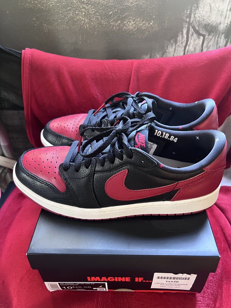 Jordan 1 Low Banned sz10.5 (Category: Sneakers) located in Manila. Submitted by HypeStuff (Listing ID 1463200858, Image 2). Description: Used 8/10 condition No extra white lace With box Srp 9k selling for 5k Manila Area.
