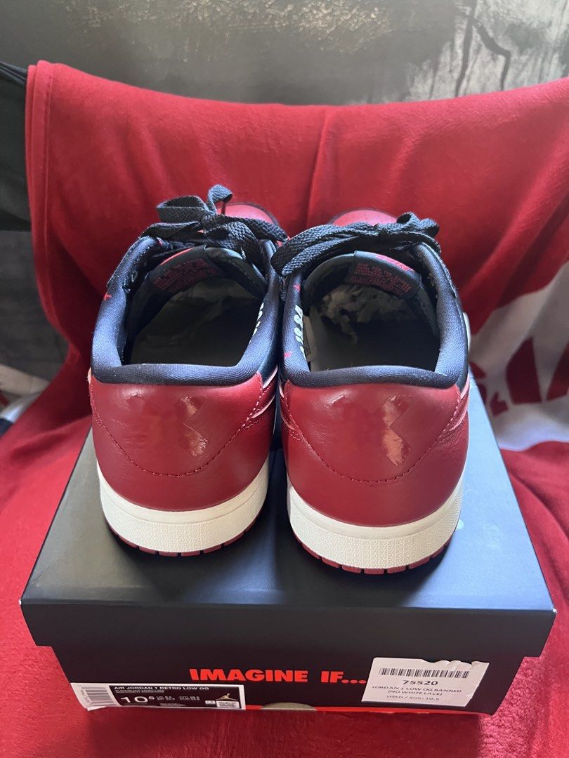 Jordan 1 Low Banned sz10.5 (Category: Sneakers) located in Manila. Submitted by HypeStuff (Listing ID 1463200858, Image 3). Description: Used 8/10 condition No extra white lace With box Srp 9k selling for 5k Manila Area.