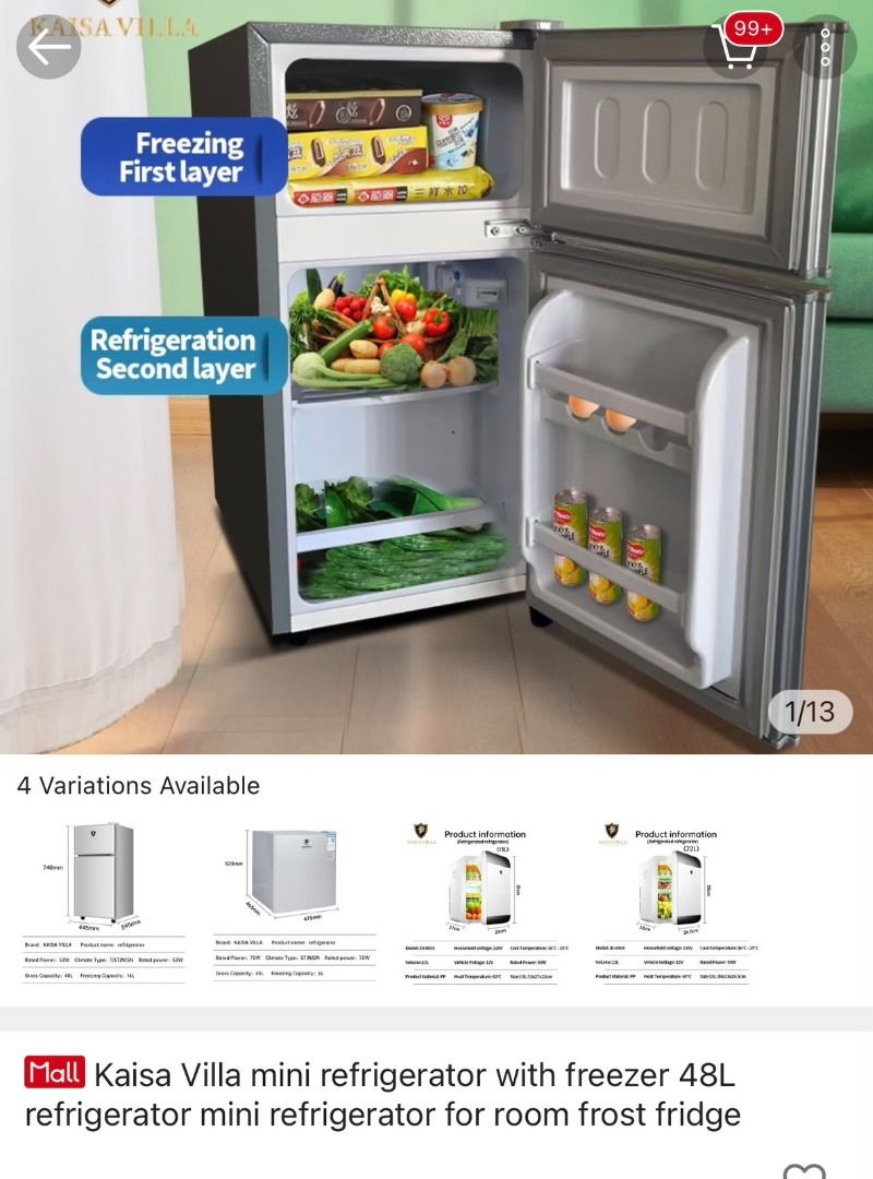 Kaisa Villa Mini Refrigerator with Freezer 48L (Category: Refrigerators and Freezers) located in Pasig City. Submitted by nicolevi15 (Listing ID 1463141629, Image 1). Description: - Kaisa Villa Mini Refrigerator with Freezer - 48L Capacity - Top layer for freezing, bottom layer for refrigeration - Ideal for rooms or small spaces - Compact and efficient design - Color: Silver.