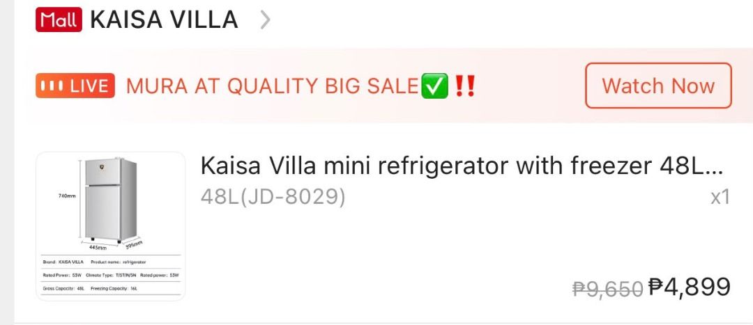 Kaisa Villa Mini Refrigerator with Freezer 48L (Category: Refrigerators and Freezers) located in Pasig City. Submitted by nicolevi15 (Listing ID 1463141629, Image 3). Description: - Kaisa Villa Mini Refrigerator with Freezer - 48L Capacity - Top layer for freezing, bottom layer for refrigeration - Ideal for rooms or small spaces - Compact and efficient design - Color: Silver.
