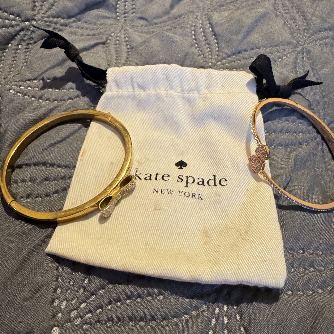Kate Spade Bracelet (Category: Bracelets) located in Marikina City. Submitted by elimsrellik (Listing ID 1463226916, Image 1). Description: 1. Item: Kate Spade New York Ready Set Bow Bangle Color: Polished Gold / Pavé MSRP: $68 Selling Price: ₱1,500 Inclusions: Bracelet only RFP: Decluttering and no longer in use 2. Kate Spade New York Yours Truly Pavé Open Hinge Cuff Color: Clear & Rose Gold MSRP: $58 Selling Price: ₱1,500 Condition: Pre-loved I