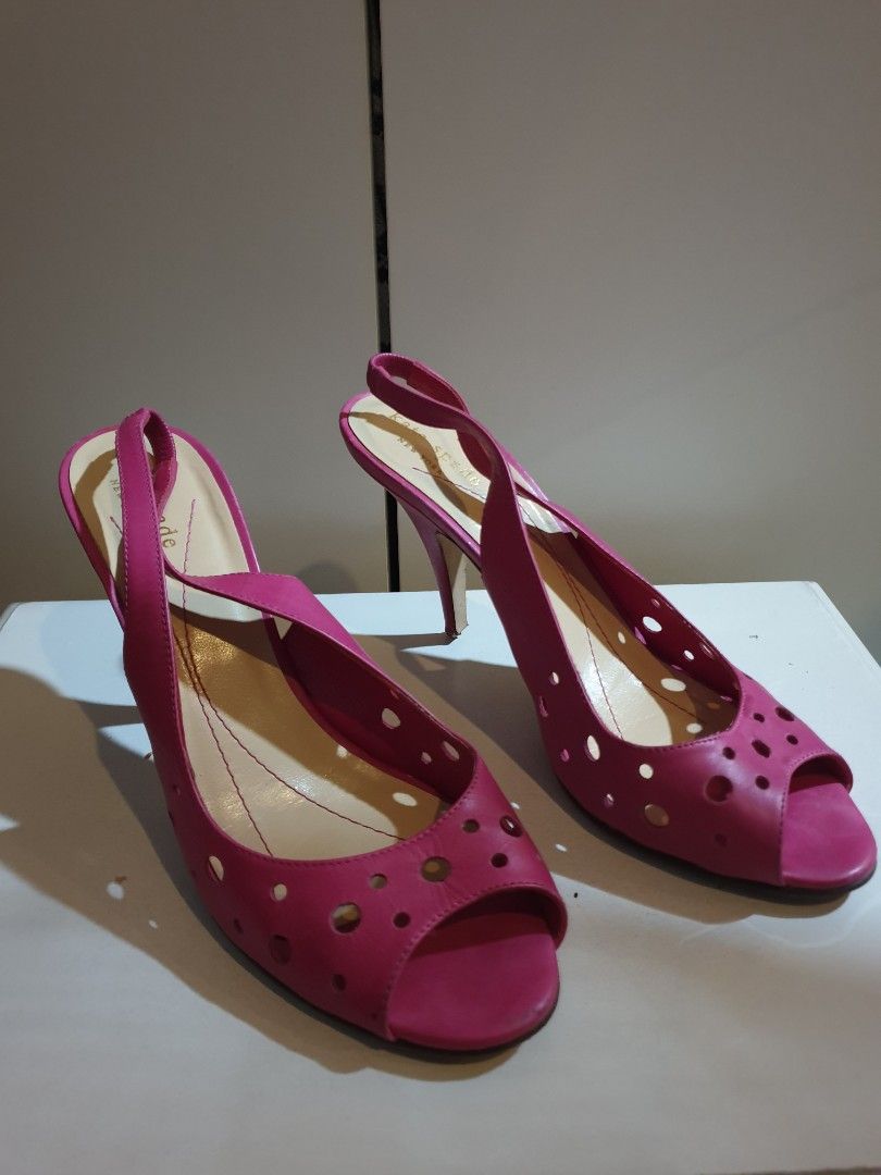 Kate Spade Pink Peep-Toe Slingback Heels (Category: Heels) located in San Juan City. Submitted by parrishop (Listing ID 1463250211, Image 2). Description: - Brand: Kate Spade - Style: Peep-toe slingback heels - Color: Pink - Design: All-over perforated pattern - Heel: Comfortable height - Occasion: Dress up or down, perfect for summer.