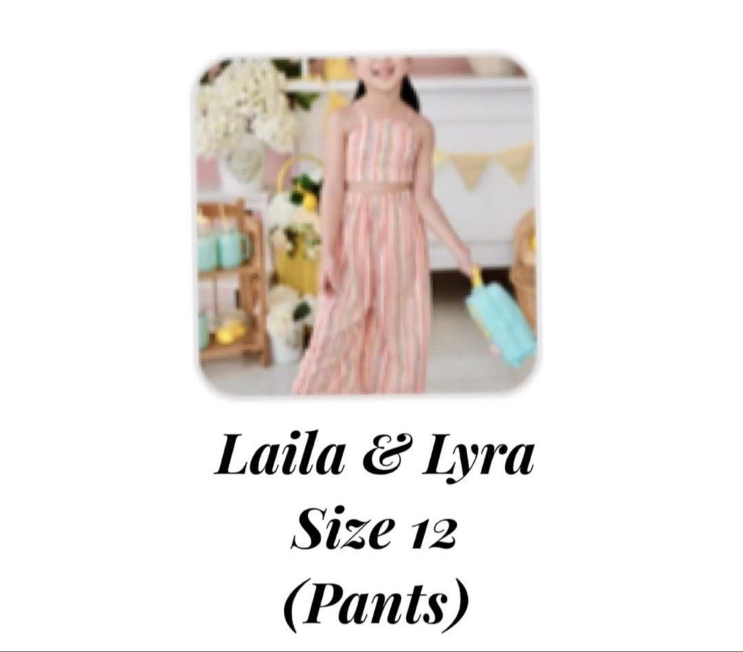 Laila & Lyra Striped Pants Set Size 12 (Category: Babies & Kids Fashion) located in Makati City. Submitted by team_maxvin (Listing ID 1463182421, Image 1). Description: - Brand: Laila & Lyra - Style: Striped crop top and wide-leg pants set - Perfect for: Summer days - Size: 12 - Condition: Great.