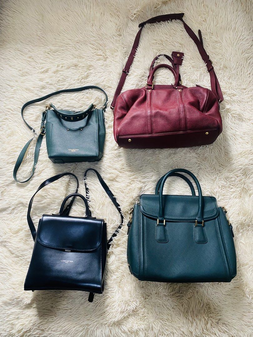 Lancaster, sisley Marja and kurki (Category: Backpacks) located in Manila. Submitted by switchcity (Listing ID 1463245888, Image 1). Description: - Bundle of 4 handbags - Black Lancaster Paris backpack - Deep green crossbody bag with gold studs - Dark red duffel-style bag with long strap - Structured dark green top-handle bag.