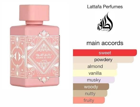 Lattafa Noble Blush Bade Al Oud Perfume (Category: Fragrance & Deodorants) located in Quezon City. Submitted by saiderr (Listing ID 1463239823, Image 3). Description: Almost New! Missing 5 sprays only!! ✅Lattafa Noble Blush Bade Al Oud Perfume ✅ Scent Profile: Sweet, powdery, almond, vanilla, musky, woody, nutty, and fruity accords ✅Packaging: Comes in its original pink box RFS: Decluttering. I prefer another perfume Notes: Seller to shoulder cou