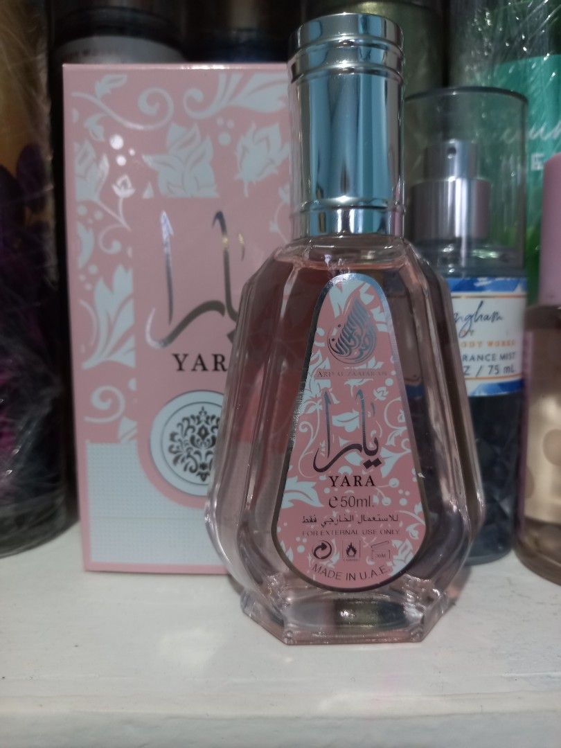 Lattafa Yara Eau de Parfum 50ml (Category: Fragrance & Deodorants) located in Imus. Submitted by faststone.feb729 (Listing ID 1463131687, Image 1). Description: - Authentic Lattafa Yara Perfume - Size: 50ml - Origin: Made in UAE - Bottle Design: Unique geometric shape - Packaging: Pink floral designed box - Scent Profile: Ideal for everyday wear.