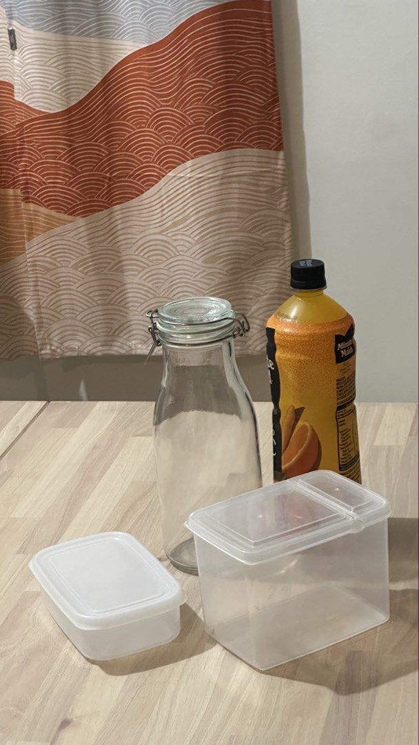 Laundry Basket, Storage Containers, Curtain Rods (Category: Storage Boxes & Baskets) located in Pasig City. Submitted by krismocha (Listing ID 1463291142, Image 2). Description: - Plastic laundry basket with green handles - Glass jar with clamp lid - Small white rectangular container - Clear rectangular container - 2pcs adjustable rods 60 to 100cm Pick up in Pasig to be arranged and paid by buyer. .