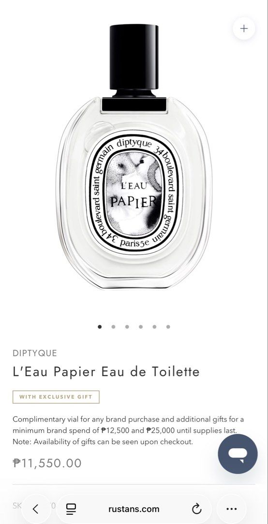 L'Eau Papier Diptyque 100ml | PREORDER (Category: Fragrance & Deodorants) located in Malolos. Submitted by xoxoche_n (Listing ID 1463222410, Image 3). Description: PREORDER | ETA: 2 wks 50% DP required. Balance to be settled upon arrival, before shipping. Check slides 3-6 for customer feedback. Can provide more upon request 🌸.