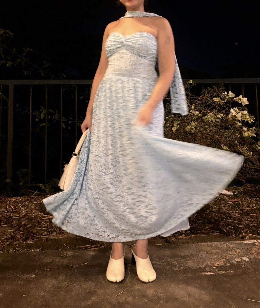 Light Blue Lace Strapless Maxi Dress with Scarf | Medium (Category: Dresses) located in Quezon City. Submitted by caryatiddd (Listing ID 1463295644, Image 3). Description: - Beautiful light blue lace maxi dress - Used once - Comes with a matching scarf (wear on neck or shoulders) - Intricate and delicate lace pattern - Perfect for formal events or special occasions.