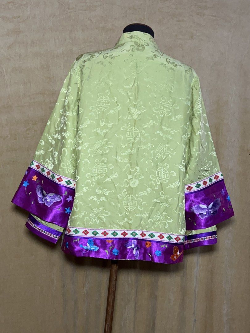 Light Green Embroidered Butterfly Silk Jacket (Category: Coats, Jackets and Outerwear) located in Batangas. Submitted by mkjgb (Listing ID 1463126346, Image 2). Description: Neckline is 16.5” Shoulder width is 17” Waistline is 42” Length from neckline is 27” Has no buttons or closures in front Has slits on both sides - Beautiful light green jacket - Intricate embroidery with colorful butterflies and floral patterns - Purple satin trim on cuffs an