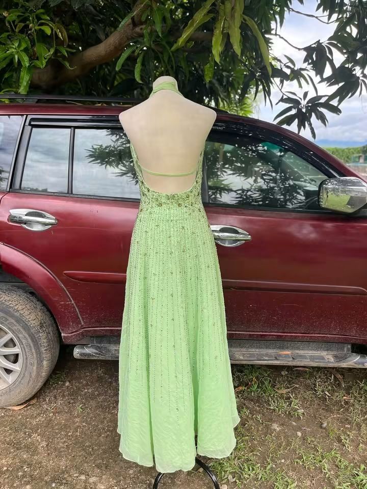 Lime Green Halter Neck Beaded Maxi Dress (Category: Dresses) located in Adams. Submitted by swiftrabbit (Listing ID 1463261339, Image 3). Description: - Eye-catching lime green maxi dress - Halter neck design - Intricate bead and sequin embellishments on bodice and skirt - Elegant open back - Flowy skirt for graceful movement - Ideal for parties, weddings, and formal occasions - whimsy - has issues of loss beads & clips.