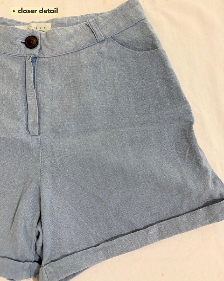 Linen Blend Shorts - Light Blue (Category: Shorts) located in Subic. Submitted by ciesells (Listing ID 1463148078, Image 2). Description: Waist: 28 Hips: 36 Length: 15 - With pockets - Working button and zipper mop: bpi/maya/maribank.