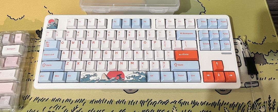 Linky87 Keycaps (Category: Computer Keyboard) located in Bulacan. Submitted by lexareads (Listing ID 1463321125, Image 1). Description: Selling my Linky87 keycaps. KEYCAPS ONLY, keyboard is NOT included. Please check pics for keyboard layout reference. Details: - 87 keys - No scratches or erased letters, print is still clear - Nice and smooth to the touch - Vibrant salmon-themed color - includes extra ESC and spacebar keycaps Perfect for anyone w