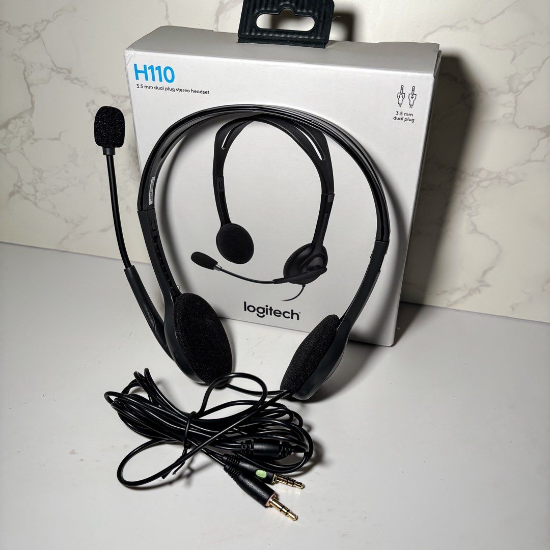 Logitech H110 Stereo Headset with Microphone (Category: Headphones & Headsets) located in Paranaque City. Submitted by ClosetStaples (Listing ID 1463188682, Image 2). Description: Brand New, never been used - Logitech H110 Stereo Headset - Noise-canceling microphone for clear calls - Connects via dual 3.5mm plugs - Ideal for online meetings and voice calls - Comfortable earcups and adjustable headband - Compatible with most computers.