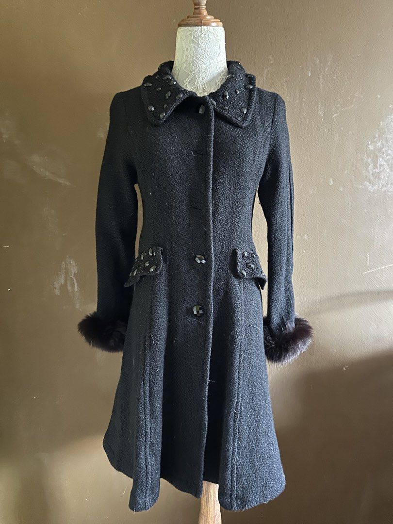 Long Black Collared Coat with fur (Category: Coats, Jackets and Outerwear) located in Paranaque City. Submitted by eckadcms (Listing ID 1463251129, Image 3). Description: Classic black color Rhinestone/beaded embellishments on the collar and pockets With inner lining Button up close closure — wear it open or closed SIZE : XS - Small ISSUE : Missing buttons NOTE : Please see photos for the actual condition WORN ONCE! Delivery via J&T, grab, lalamo