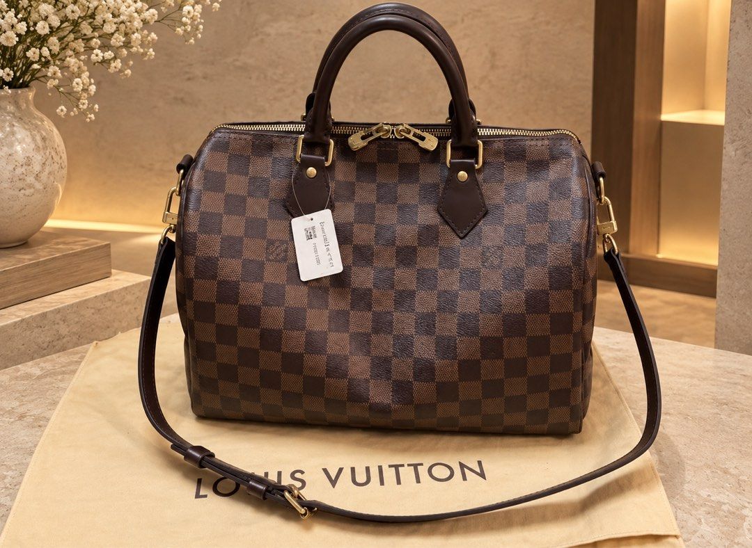 Louis Vuitton Speedy Damier Ebene 30 (Category: Luxury Bags & Wallets) located in Cebu City. Submitted by forless.ph (Listing ID 1463272291, Image 1). Description: Authentic Louis Vuitton Speedy 30 in Damier Ebene. Includes shoulder strap. Minimal exterior wear, clean interior. Ready to go! Moneyback guaranted 10x!.