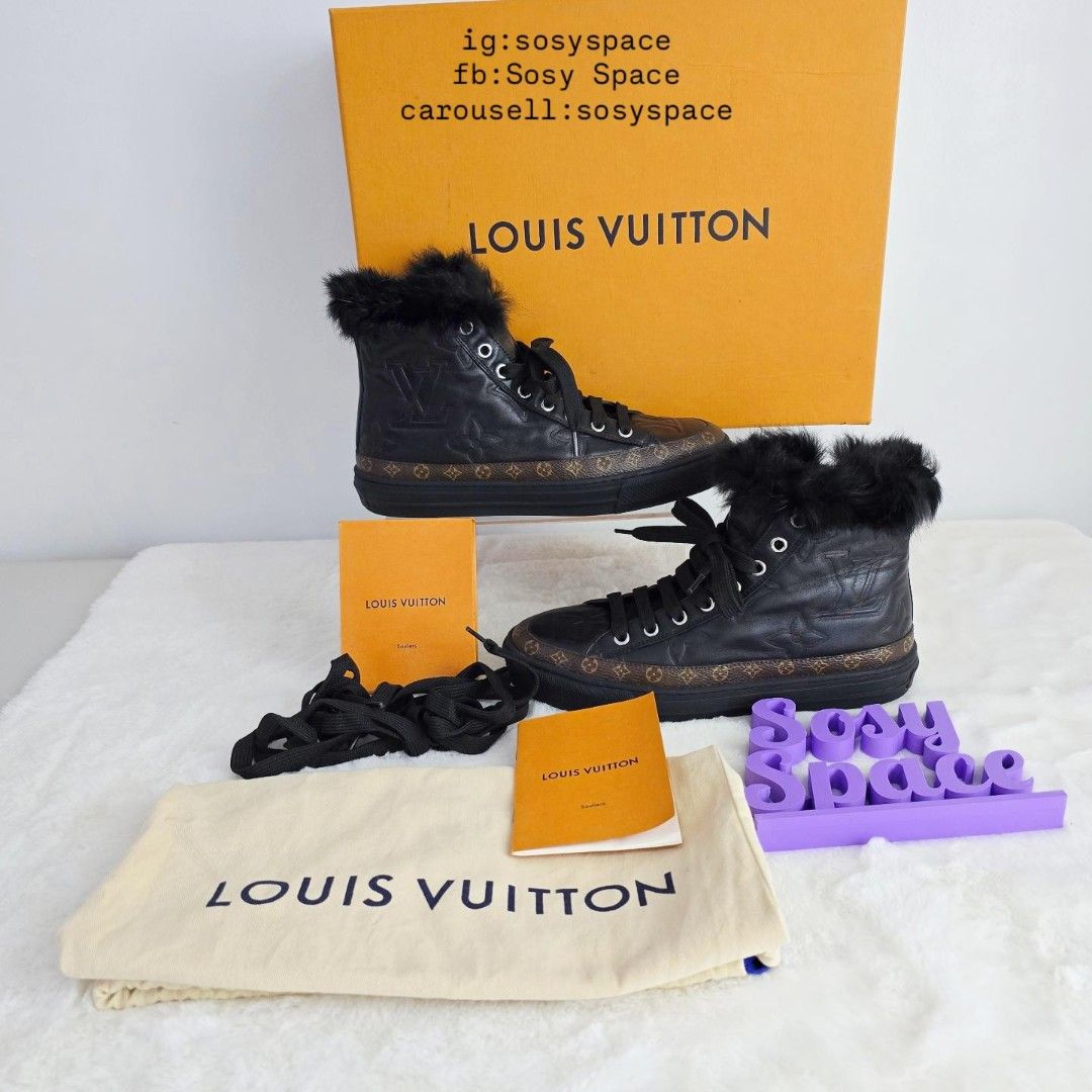 LV Stellar Fur High Top Sneaker Boots (Category: Sneakers & Footwear) located in Lucena. Submitted by sosyspace (Listing ID 1463202296, Image 1). Description: L. O. U. I. S. V. U. I. T. T. O. N. 02B1P251 Stellar Fur High-Top Sneaker Boots Black Lambskin Leather Embossed With Classic Monogram Motif, Fur Collar Lining Classic Brown Monogram Canvas Trim Lines Rubber Sole Size: EU 36 1/2 Womens Condition: PREOWNED LIKE NEW Never used. Includes: box, 