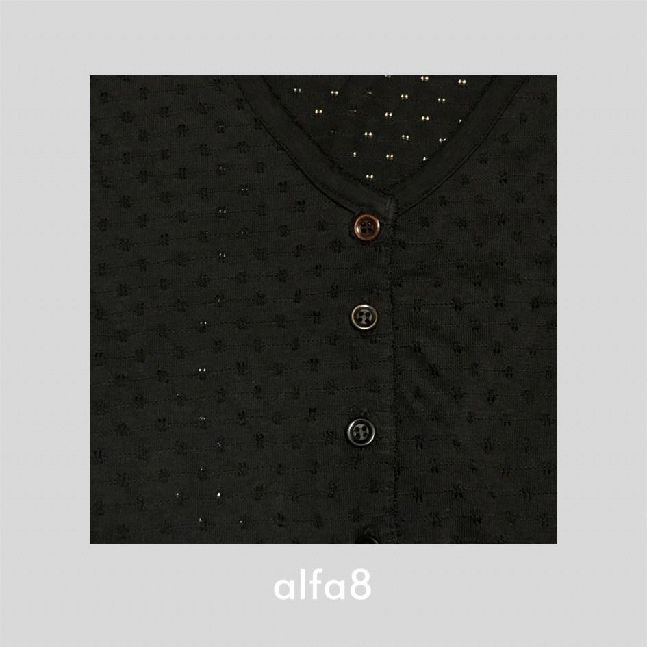 (M) Black Button-Up Cardigan with Textured Pattern (Category: Coats, Jackets and Outerwear) located in Imus. Submitted by alfa_8 (Listing ID 1463279733, Image 3). Description: - Quality Fabric - 1 Chipped Button (See Pics) Black long-sleeved cardigan. Features a subtle textured pattern all over. Button-up front with small buttons. V-neckline. Good for casual wear..