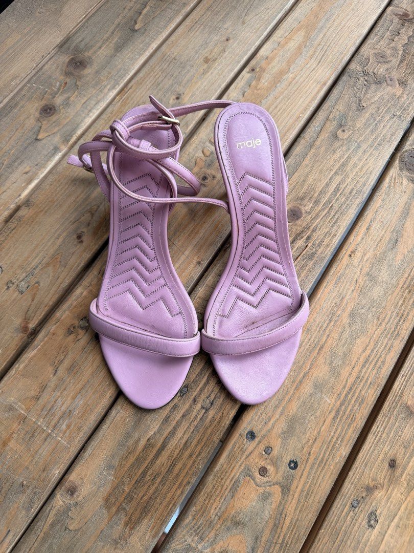 Maje Lavender Leather Strappy Heels (Category: Heels) located in Tuguegarao City. Submitted by joysmithznjo (Listing ID 1463201445, Image 1). Description: - Maje lavender leather sandals - Strappy design with ankle ties - Kitten heel - Made in Portugal - Minor signs of wear on soles and insoles - Perfect for dressing up or down.