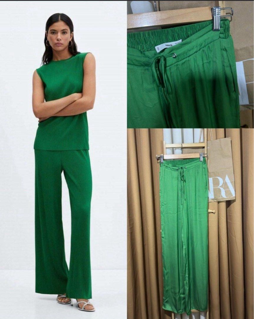 Mango Green Wide Leg Satin Pants (Category: Other Bottoms) located in Paranaque City. Submitted by arolabs (Listing ID 1463150379, Image 1). Description: - Brand: Mango - Material: Satin - Color: Green - Style: Wide leg pants - Features: Elastic waistband with drawstring - Comfort: Super comfy and chic - Versatility: Great for dressing up or down, pair with a cute top for a complete outfit..