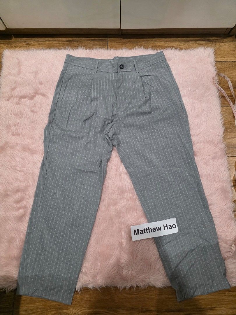 Mango trousers grey pants (Category: Trousers) located in Manila. Submitted by machoxmatt (Listing ID 1463188742, Image 1). Description: fitted only (no more tags) design: vertical stripes grey size: euro 42 waist: 16 inches length: 36 inches (altered) mop:bdo/gcash shipping at buyer's expense.
