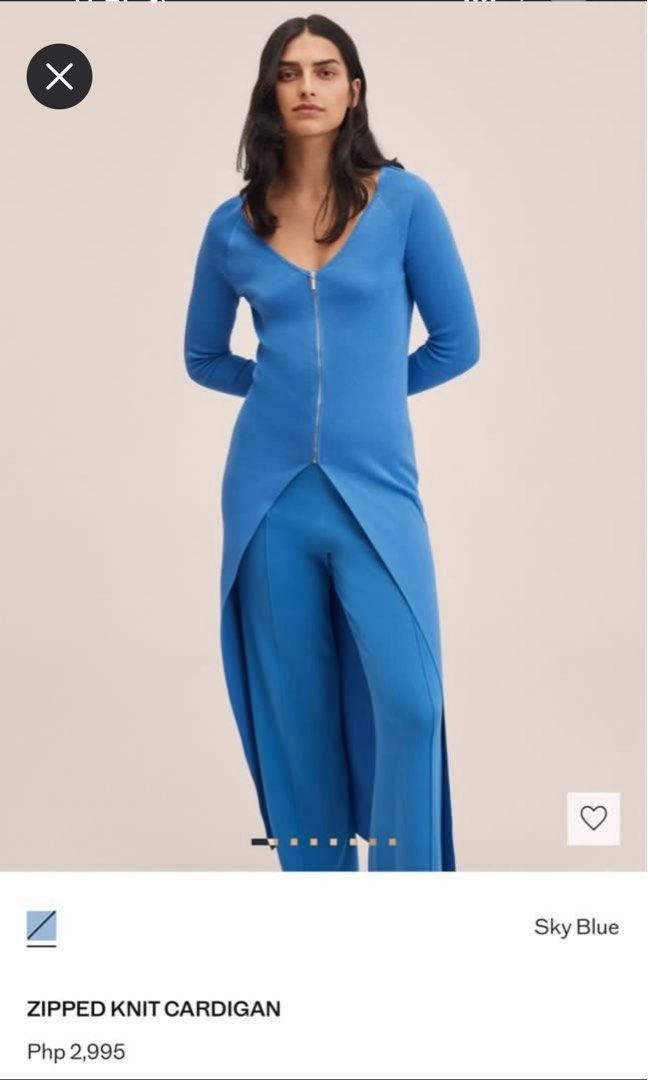 Mango Zipped Knit Cardigan Sky Blue (Category: Coats, Jackets and Outerwear) located in Paranaque City. Submitted by arolabs (Listing ID 1463150527, Image 2). Description: - Brand: Mango - Color: Blue - Style: Knit Cardigan - Features: Zip-up front, long flowing silhouette, high slit - Styling: Great for layering, looks good open over pants - Condition: Brand new with original tags attached.
