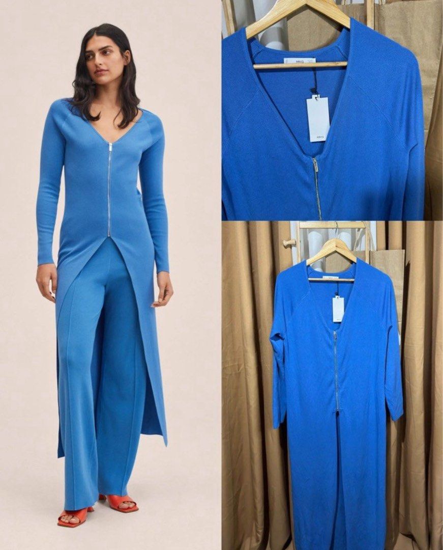 Mango Zipped Knit Cardigan Sky Blue (Category: Coats, Jackets and Outerwear) located in Paranaque City. Submitted by arolabs (Listing ID 1463150527, Image 1). Description: - Brand: Mango - Color: Blue - Style: Knit Cardigan - Features: Zip-up front, long flowing silhouette, high slit - Styling: Great for layering, looks good open over pants - Condition: Brand new with original tags attached.