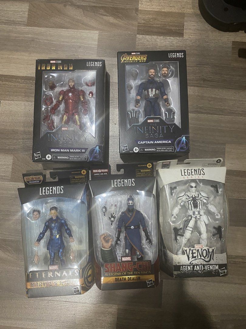 Marvel Legends Bundle SET (MCU, Shangchi, Eternals, Agent antivenom) (Category: Figurines & Statues) located in Consolacion. Submitted by popsandlegends (Listing ID 1463127748, Image 1). Description: Iron Man - minor tear sa plastic clam Agent antivenom - broken window box with folds Rest are Good condition .