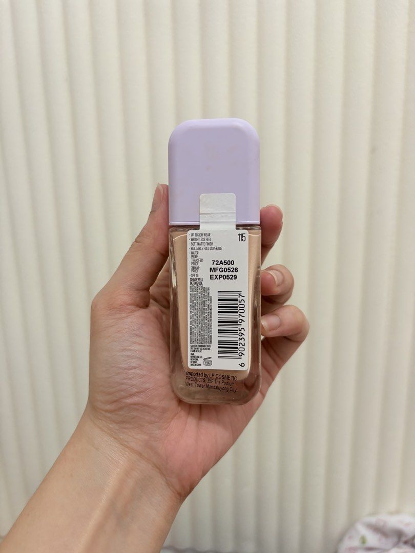 MAYBELLINE LUMIMATTE FOUNDATION (115) (Category: Makeup) located in Antipolo. Submitted by prettymomma_ (Listing ID 1463181216, Image 2). Description: Good as new, swatched only (1pump) Bought Sept 2026 I love hoarding makeups online, kaya mostly wrong shade. Shade: 115 ₱399.
