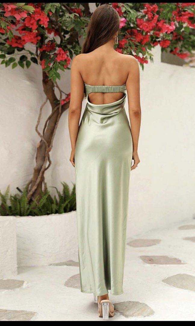 Mint Green Strapless Satin Maxi Dress (Category: Dresses) located in Quezon City. Submitted by prelovedbyaisc (Listing ID 1463173830, Image 2). Description: - Beautiful mint green satin maxi dress - Strapless design with elegant cowl neckline - Stunning open back detail - Flowy and sophisticated silhouette - Perfect for special occasions or a glamorous night out .