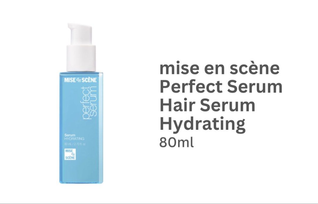 Mise en Scene Hydrating Serum 80ml (Category: Hair Accessories) located in Taguig. Submitted by her.thrift (Listing ID 1463297925, Image 1). Description: 🫐 pumped once! .
