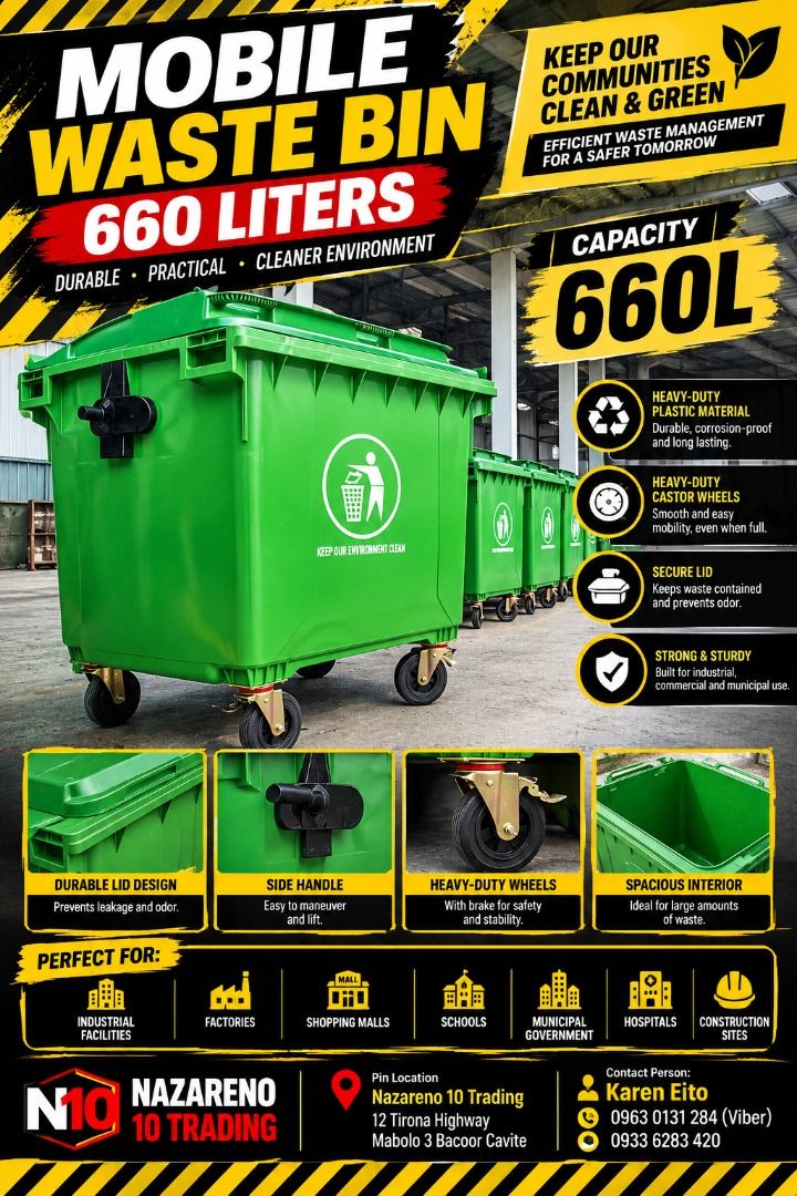 MOBILE WASTE BIN WITH WHEELS (Category: Looking For) located in Bacoor. Submitted by kajezame.2021 (Listing ID 1463131615, Image 1). Description: MOBILE WASTE BIN WITH WHEELS For More Details and Discount Contact Ms. Karen NAZARENO 10 TRADING 0963 0131 284 0933 6283 420 0956 7028 557 0933 8559 510 Landline: Look for Ms. Karen (046 ) 416 3920 Also available: • Traffic cone • Parking Block stopper • Hooded trash bin • Road Plastic Barrier • Spill b