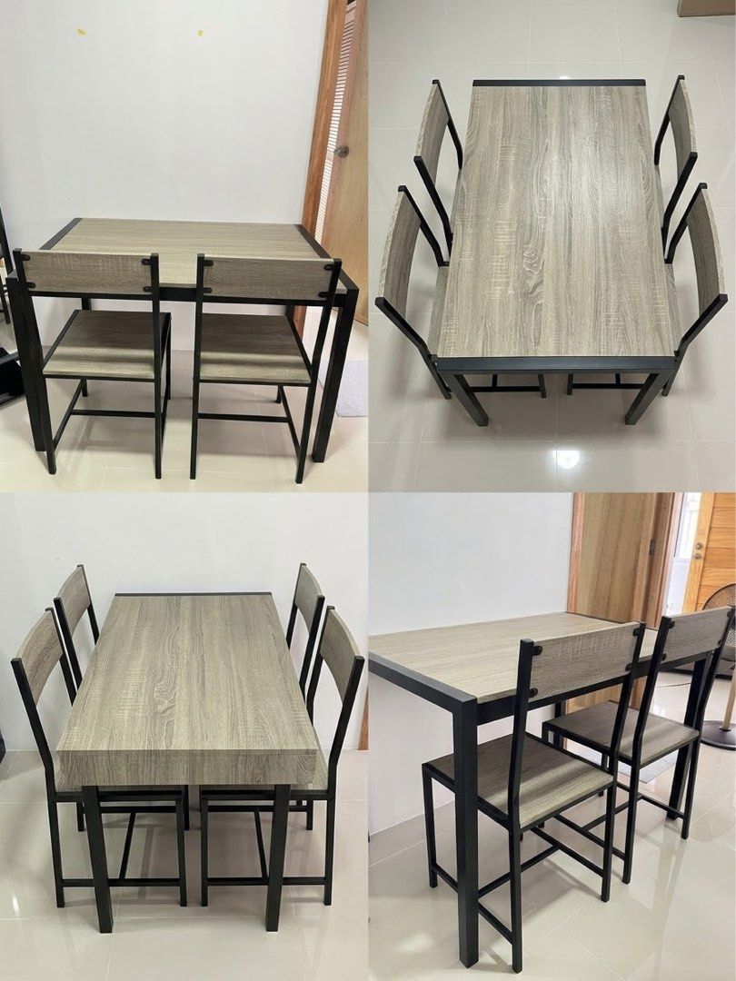 Modern 4-Seater Dining Table and Chairs Set (Category: Tables & Sets) located in Manila. Submitted by curated.clutter12 (Listing ID 1463282809, Image 1). Description: 🚨 RUSH SALE / MOVING OUT 🚨 Reason for Selling: Moving out and clearing spaces, needing funds ASAP! Letting go of this gorgeous, super practical 4-Seater Space-Saving Dining Set! Very modern and elegant Ash Wood/Gray tone with minimalist industrial black iron framing. Super perfect