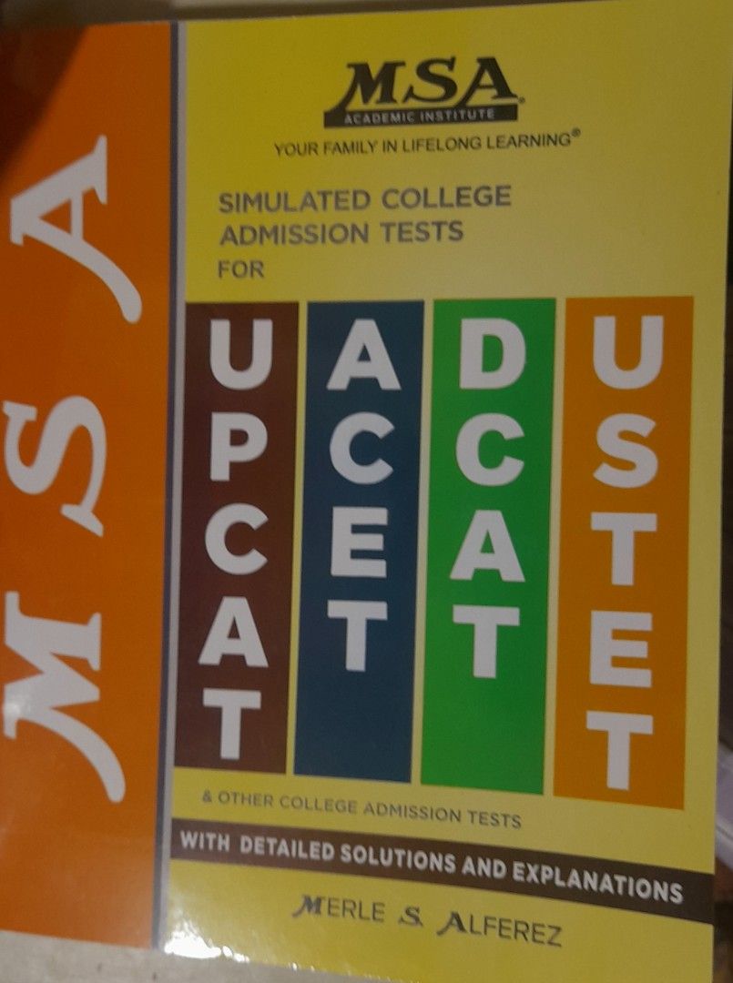 MSA CET BOOK 4in1 (Category: Assessment Books) located in Manila. Submitted by tatiyana_17 (Listing ID 1463251471, Image 1). Description: MSA BOOK UPCAT ACET DCAT USTET Bought for 600+ RFS: Nakatambak lang not used Shipping shouldered by buyer Open for negotiation.