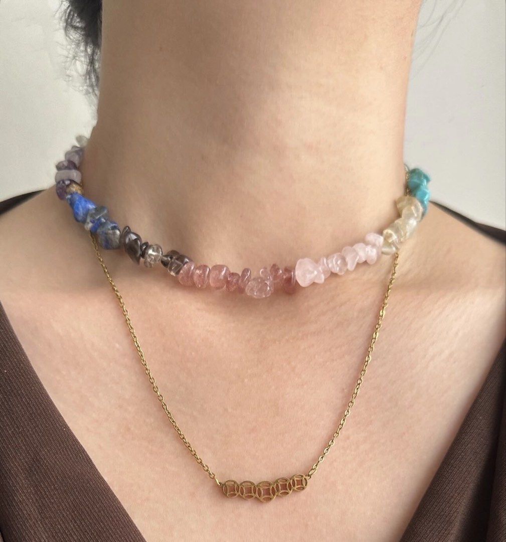 MultiStones Charm Necklace (Category: Necklaces) located in Paranaque City. Submitted by seektoshop (Listing ID 1463265574, Image 2). Description: ✨ Features a vibrant mix of 10 genuine crystal chips: Tiger’s Eye, Amethyst, Lapis Lazuli, Smokey Quartz, Strawberry Quartz, Rose Quartz, Citrine, Turquoise, Green Aventurine, and Onyx. Premium Quality ✔️ Stainless steel ✔️ 14k Gold plated lock and extenders ✔️ tarnish free ✔️ skin friendly ✔️Each crys