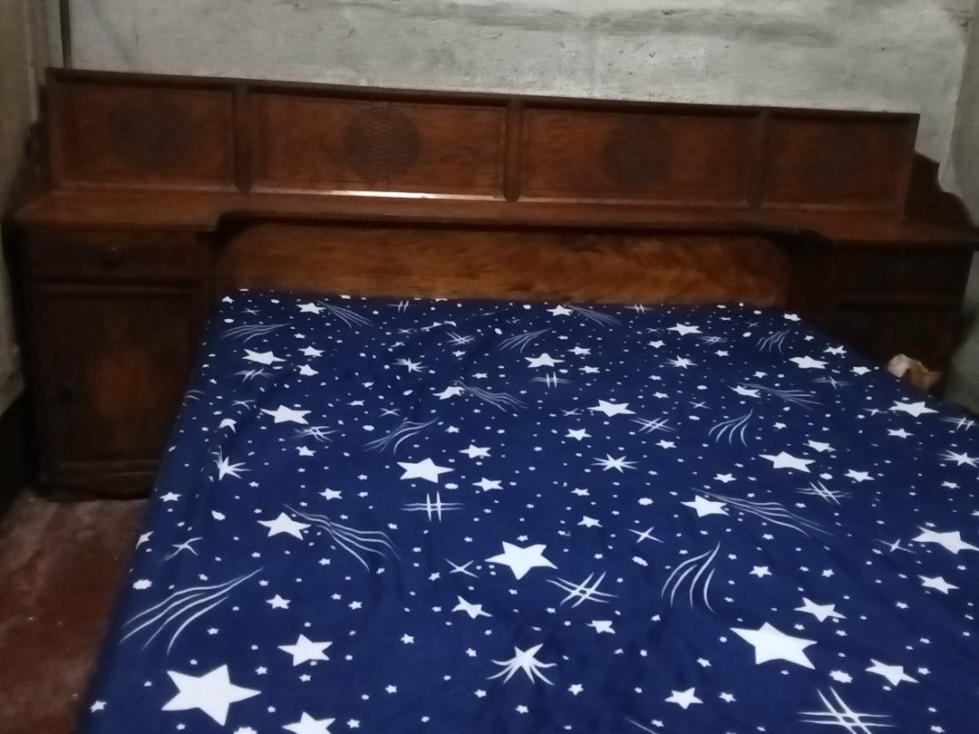 Narra Headboard with Bedframe and Mattress (Category: Bed Frames & Mattresses) located in Quezon City. Submitted by renadetorres (Listing ID 1463139451, Image 1). Description: headboard is made of narra custom made to fit 54 x 75 bed frame ung headboard may 2 cabinet and 2 drawers magkabilang side already comes with palochina bed frame (sturdy type) along with yellow foam uratex mattress (needs overall cover replacement, mattress still ok) for 15