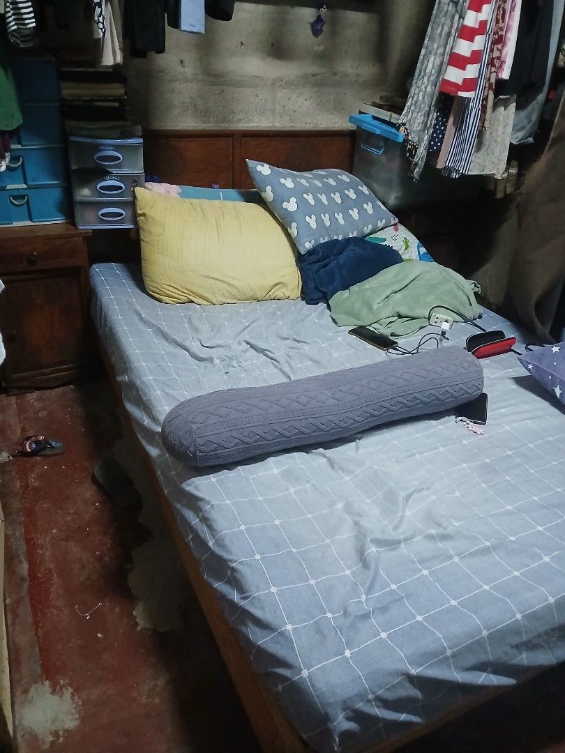 Narra Headboard with Bedframe and Mattress (Category: Bed Frames & Mattresses) located in Quezon City. Submitted by renadetorres (Listing ID 1463139451, Image 2). Description: headboard is made of narra custom made to fit 54 x 75 bed frame ung headboard may 2 cabinet and 2 drawers magkabilang side already comes with palochina bed frame (sturdy type) along with yellow foam uratex mattress (needs overall cover replacement, mattress still ok) for 15